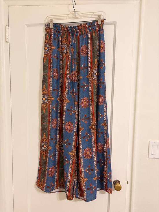 Three Bird Nest Pants - Three Bird Nest Blue Smocked Waist Maxi Skirt with Rust & Brown Print